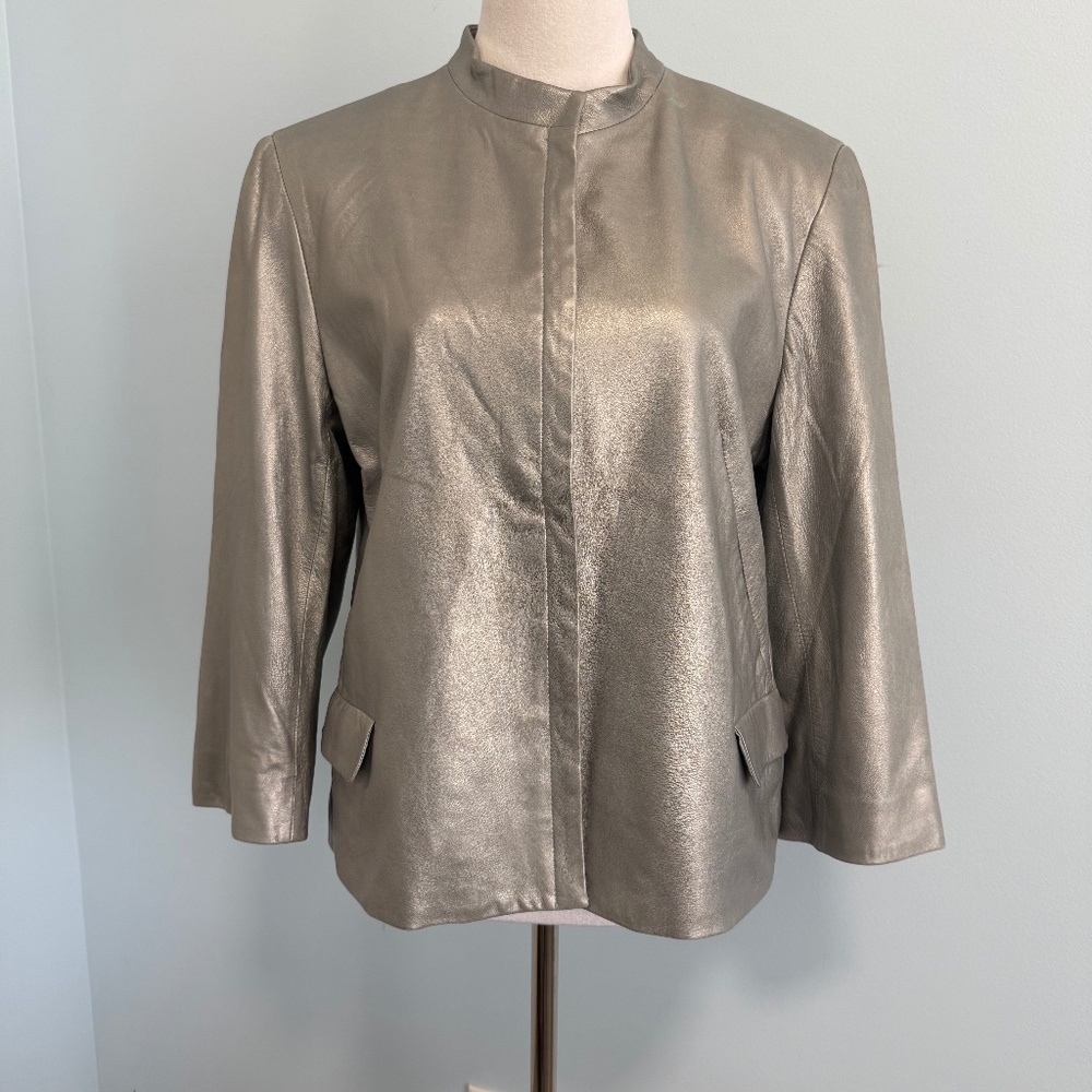 Calvin Klein Women’s 100% Leather 3/4 Sleeve Silver Jacket Size L